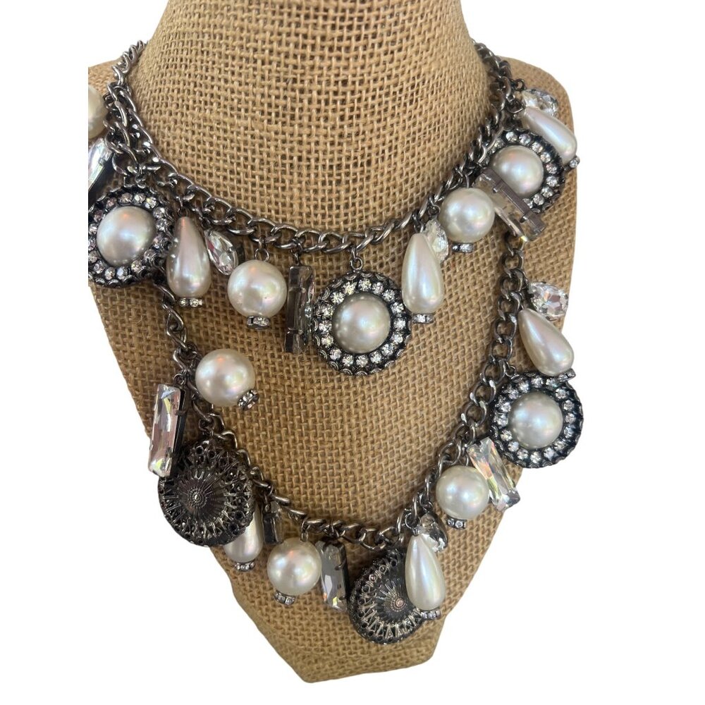 Statement Necklace Faux Pearls Rhinestones Gunmetal Chain Bib Adj 17" + 2" NWT